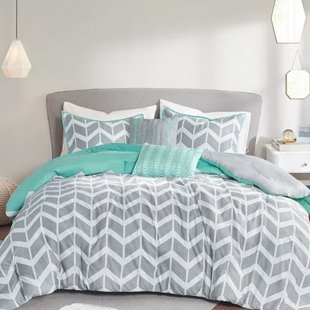 Intelligent Design From MACY'S Chevron Pattern Gray and Turquoise Bedding Set